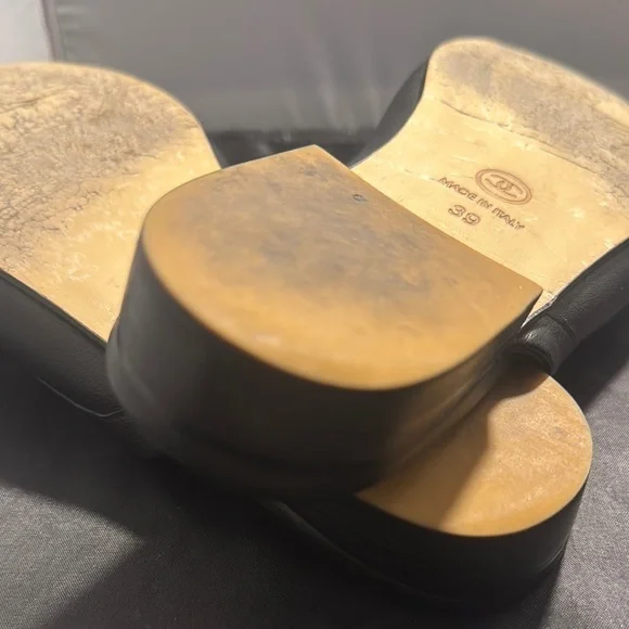 CHANEL Black Leather Mules with Gold Logo - Picture 7 of 13